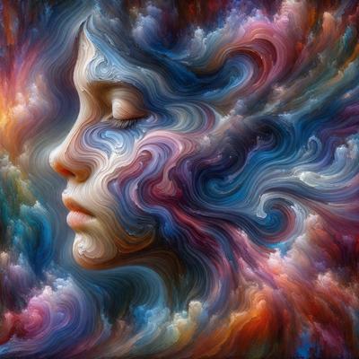 The primary subject of the image is a woman's face, which is the main focus of the artwork. The setting is a colorful, abstract background that complements the woman's face. The visual style is a combination of digital art and illustration, creating a unique and vibrant appearance. The colors and mood of the image are predominantly bright and lively, with a sense of creativity and artistic expression.